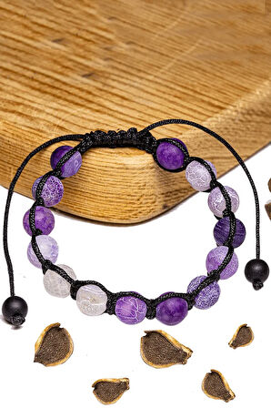 Sertifikalı Açık Mor Gri Damarlı Akik Taşı Bileklik - Makrome