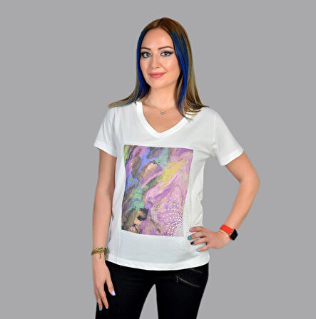 Kadın Ekru On The Rocks Baskılı Özel Tasarım Limited Edition V Yaka Modal Pamuk T-shirt