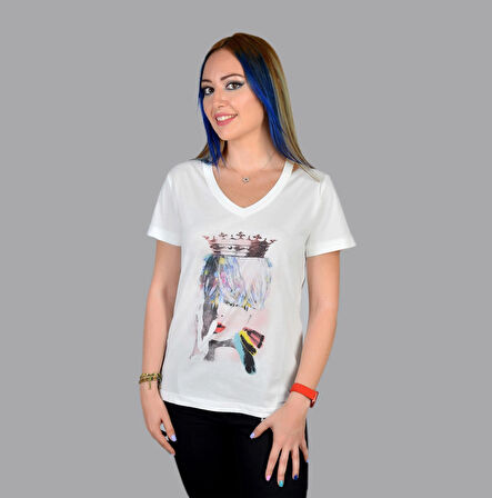 Kadın Ekru Art Save The Queen Baskılı Özel Tasarım Limited Edition V Yaka Modal Pamuk T-shirt