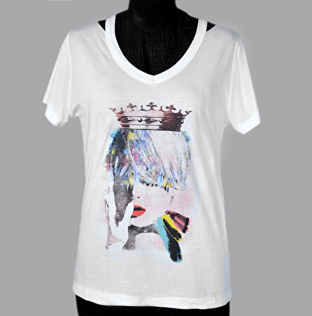 Kadın Ekru Art Save The Queen Baskılı Özel Tasarım Limited Edition V Yaka Modal Pamuk T-shirt