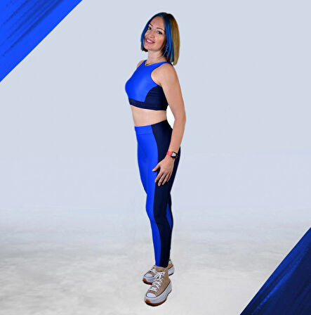 Kadın Saks Lacivert Özel Tasarım Luna Activewear - Crop Ve Tayt Colorblock Spor Takım