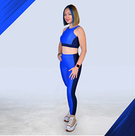 Kadın Saks Lacivert Özel Tasarım Luna Activewear - Crop Ve Tayt Colorblock Spor Takım