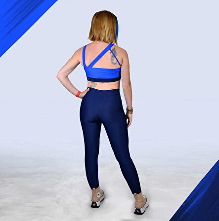 Kadın Saks Lacivert Özel Tasarım Luna Activewear - Crop Ve Tayt Colorblock Spor Takım