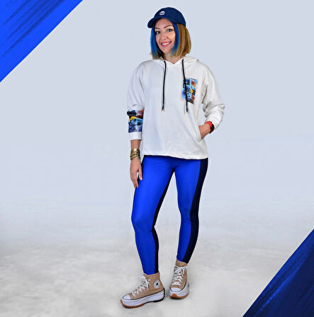 Kadın Saks Lacivert Özel Tasarım Luna Activewear - Crop Ve Tayt Colorblock Spor Takım