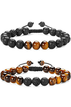 Sertifikalı Gerçek Kaplan Gözü Taşı Çift Doğal Taş Bileklik Seti Doğal Renk Siyah