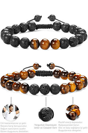 Sertifikalı Gerçek Kaplan Gözü Taşı Çift Doğal Taş Bileklik Seti Doğal Renk Siyah