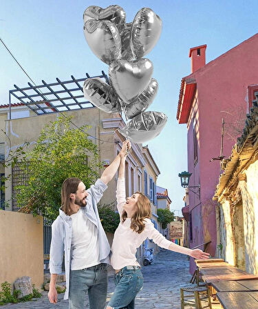 Çocuk Metalize Parlak Gümüş Şekilli Kalp Uçan Balon Folyo 45 cm 10 Adet