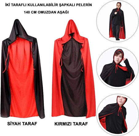 Çocuk Çift Taraflı Kullanılabilir Siyah Kırmızı Kapişonlu Pelerin 140 cm Yetişkin