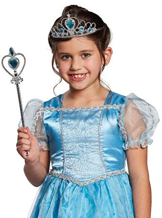 Çocuk Karlar Ülkesi Elsa Mavi Kalpli Taç ve Mavi Asa Seti Çocuk Boy