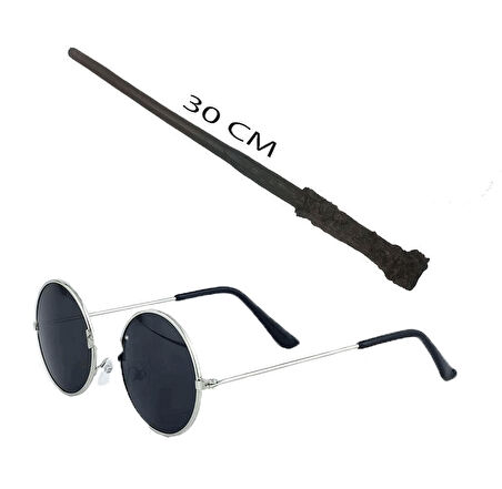 Çocuk Harry Potter Asası 30 cm ve Siyah Metal Çerçeveli Harry Potter Gözlüğü Seti