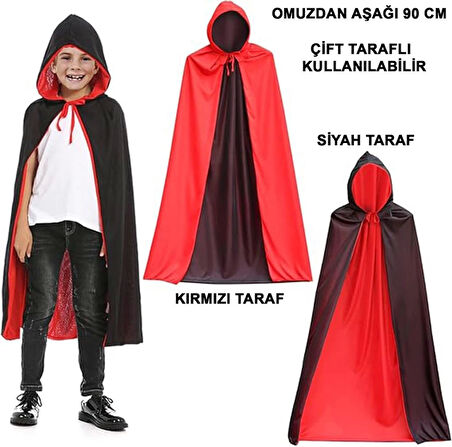 Çocuk Çift Taraflı Kullanılabilir Siyah Kırmızı Kapişonlu Pelerin 90 cm Çocuk