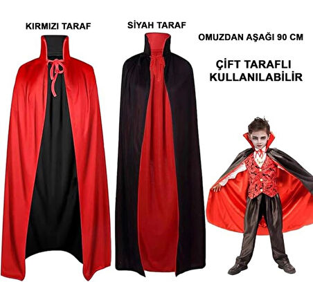 Çocuk Çift Taraflı Kullanılabilir Siyah Kırmızı Kapişonlu Pelerin 90 cm Çocuk