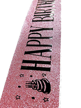 Çocuk Pembe Üzeri Siyah Büyük Happy Birthday Yazılı Simli Işıltılı Kuşak Kemer 10 cm Genişlik