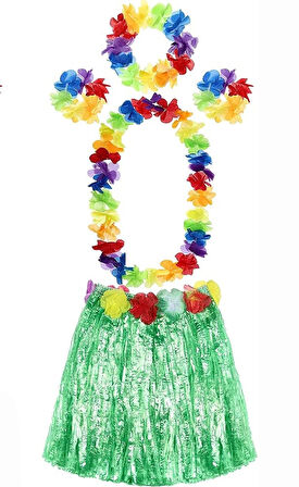 Çocuk Yetişkin ve Çocuk Uyumlu Luau Aloha Hawaii Yeşil Etek ve Renkli Kolye Taç 2 Adet Bileklik Seti