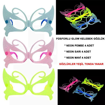 Çocuk Fosforlu Kelebek Model Glow Parti Gözlüğü Karanlıkta Yanan Gözlükler 12 Adet