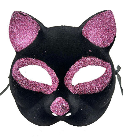 Çocuk Siyah Renk Pembe Simli Süet Kedi Maskesi 18x14 cm