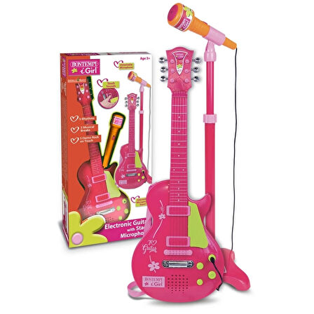 Elektronik Ayaklı Mikrofonlu Pembe Gitar, Çocuklar İçin Eğitici Müzik Aleti