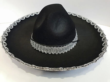 Gümüş Renk Şeritli Meksika Mariachi Latin Şapkası 55 cm Çocuklar İçin Eğlenceli Şapka