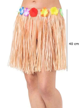 Çocuk ve Yetişkin Uyumlu Rengarenk Püsküllü Hawaii Luau Hula Etek 40 cm Kostüm