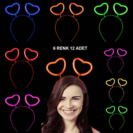 Glow Stick Karanlıkta Yanan Fosforlu Kalp Taç 12 Adet Işıltılı Parti Eğlencesi