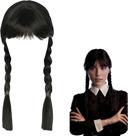 Wednesday Siyah Örgülü Peruk Gotik ve Şık Parti Aksesuarı