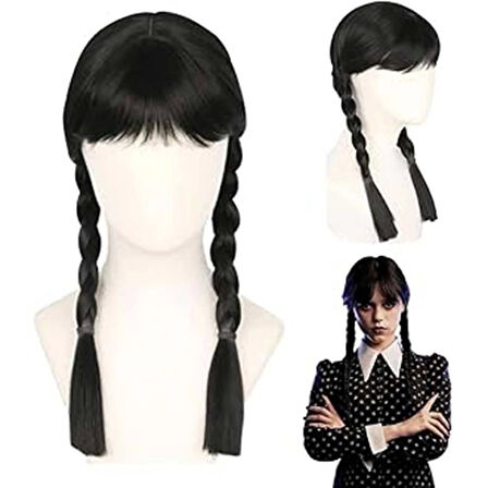 Wednesday Siyah Örgülü Peruk Gotik ve Şık Parti Aksesuarı