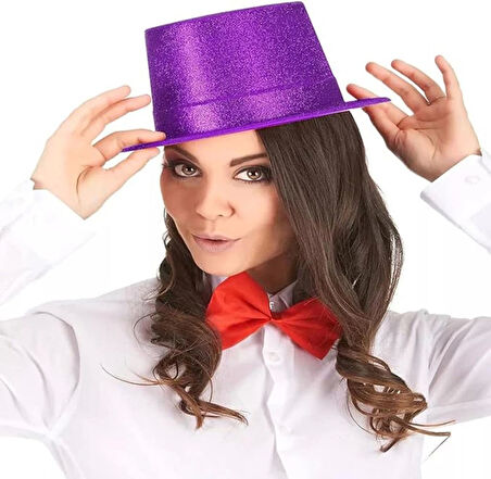 Koyu Mor Violet Parıltılı Simli Fötr Silindir Parti Şapkası Renkli ve Özel