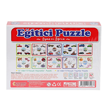Çark Puzzle Hayvanlar Taşıtlar 60 Parça, Çocuklar İçin Eğitici ve Eğlenceli Puzzle