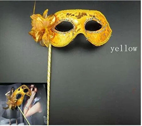Lüks Taşlı Saplı Maskeli Balo Maskesi Altın 35 cm Eğlenceli Kostüm Aksesuarı