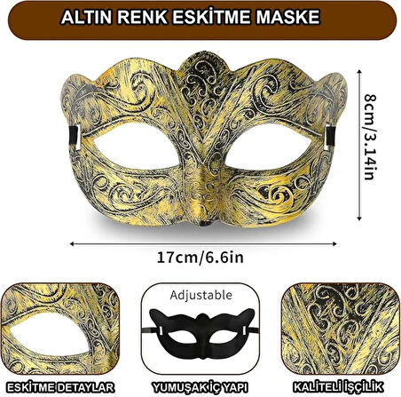 Altın Renk Eskitme Maskeli Balo Maskesi Venedik Tarzı Şık Parti Aksesuarı