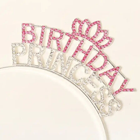 Kristal Taşlı Pembe Birthday Princess Yazılı Parti Tacı 19x11 cm Şık Tasarım