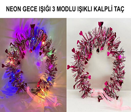 Kalp Püsküllü Gece Parıltısı 3 Modlu LED&amp;#39;li Işıklı Taç Fuşya Renk