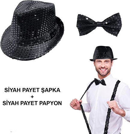 Siyah Payetli Şapka ve Papyon Seti Parıltılı Yetişkin Kostüm Seti