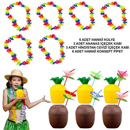 Tropikal Hawaii Parti Malzemeleri Seti - Kolye, Pipet, Bardak
