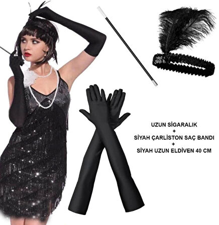 Gatsby Aksesuar Seti Siyah Charleston Saç Bandı Uzun Eldiven ve Sigaralık