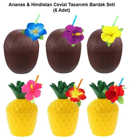Ananas Hindistan Cevizi Pipetli Bardak Seti 6’lı Tropikal