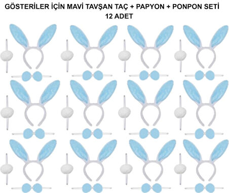 Mavi Tavşan Kostüm Seti – Taç, Papyon, Ponpon (12'li Paket) - Eğitici ve Eğlenceli Tavşan Kostümü