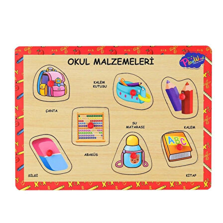 Ahşap Tutmalı Okul Malzemeleri Eğitici Puzzle Oyunu