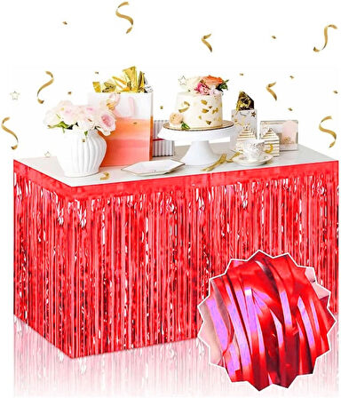 Eğitici Çocuk Kendinden Yapışkanlı Kırmızı Metalize Püsküllü Masa Eteği – 75 x 275 cm Parti Süslemesi
