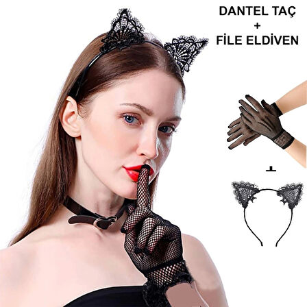 Eğitici Çocuk Siyah Kedi Dantel Taç + Eldiven Seti – Parti, Dans ve Kostüm Kombini