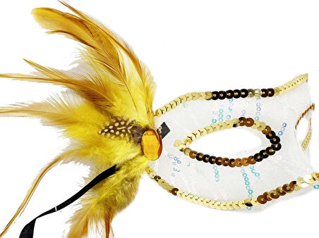 Çocuk Altın Renk Yandan Tüylü Pul Payet İşlemeli Parti Maskesi 23x12 cm