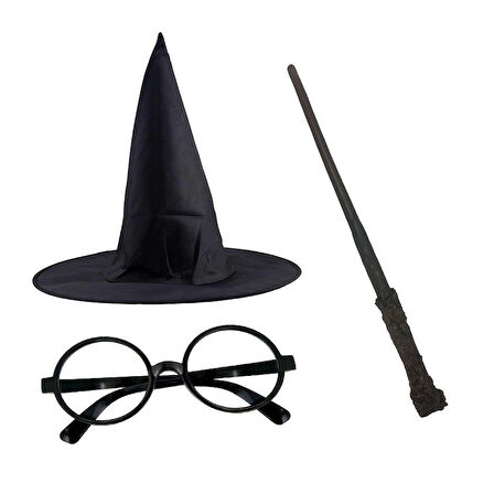Çocuk Harry Potter Siyah Şapkası Harry Potter Gözlüğü Harry Potter Asası 3 lü Set