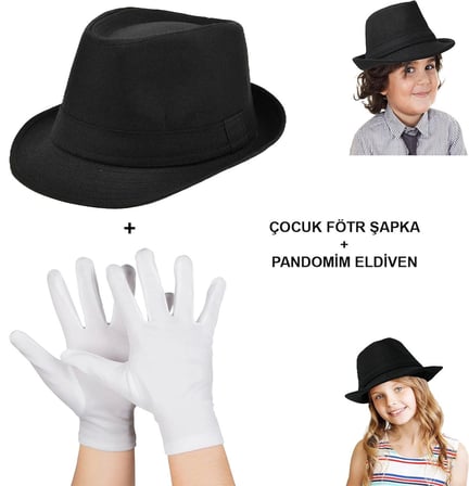 Premium Danslar Partiler Sahneler Çocuk Sahne Performans Seti – Gösteri Fötr Şapka ve Eldiven