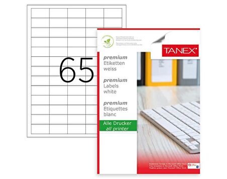 Tanex Lazer Etiket tw-2165 100 A4 Sayfa Laser Etiket 38,1X21,2 mm Boyutunda 1 A4 Sayfada 65 Etiket