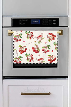 Sulu Boya Kirazlar ve Yazılar Dijital Baskılı Lazer Kesim Dikişsiz Fırın Örtüsü - 40x53cm