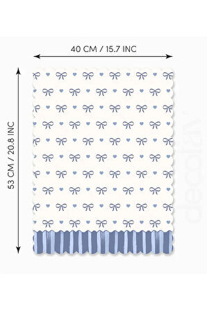 Romantik Mavi Çizgili Fiyonk ve Kalp Desenli Lazer Kesim Kumaş Fırın Örtüsü