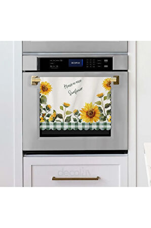 Sulu Boya Ayçiçekleri ve Slogan Tasarımlı Lazer Kesim Fırın Örtüsü 40x53cm