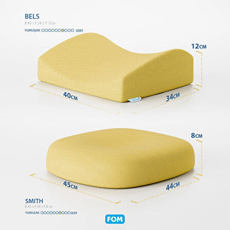 FOM Smith Ve Bels Visco Anatomik Oturma Simidi Ve Bel Destek Yastık Ofis Seti, Ortopedik, Sarı