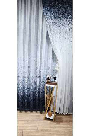 Lacivert Renk Geçişli Serpinti Tek Kanat Tül Fon Perde Sağ