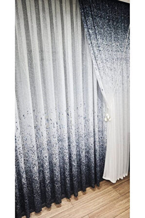 Lacivert Renk Geçişli Serpinti Tek Kanat Tül Fon Perde Sağ